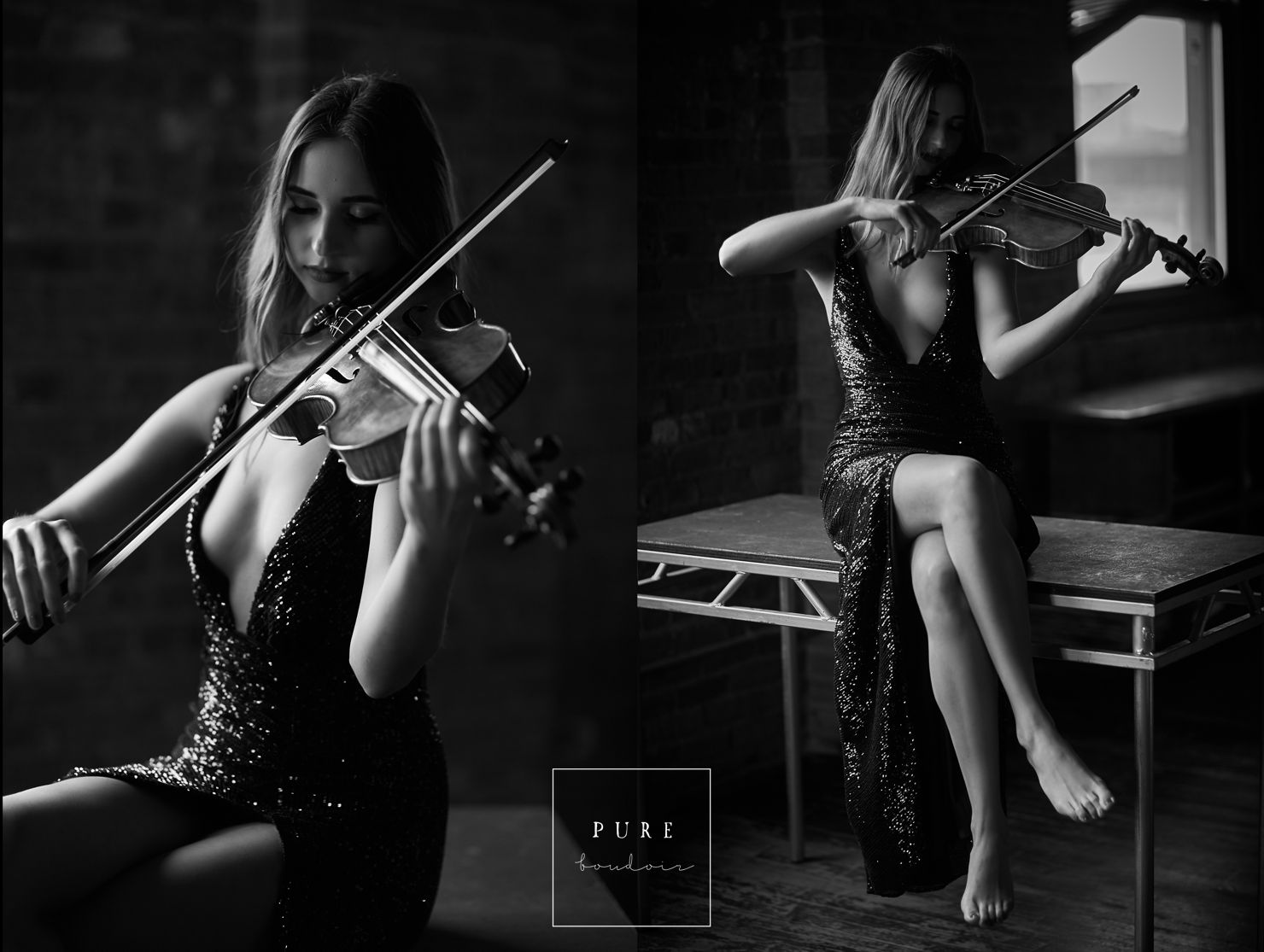 boudoir pictures woman in dress playing violin black and white photography