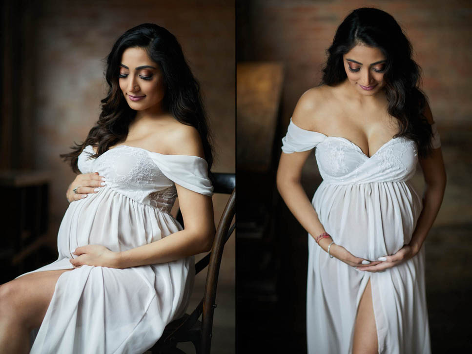 boudoir pictures pregnant woman in white dress