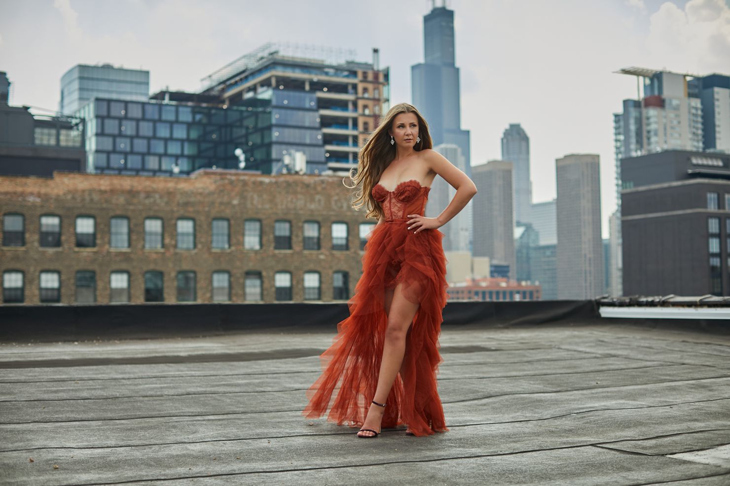 woman in red dress on roof chicago boudoir